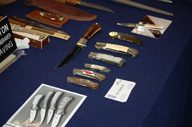 Fred Harrington. Master Engraver, some knives on his table