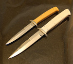 J. Funderberg ($450 hippo tusk; $325 Micarta) 

Ivory Micarta knife was stolen at the Warther?Dover Ohio Knife Show.  I still have the numbered sheath to go with it.