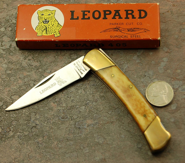 Parker Leopard pattern, with box; one of the first knives made by Jim Parker and imported from Japan.  An obvious Buck Knife influence design.

NIB

$75